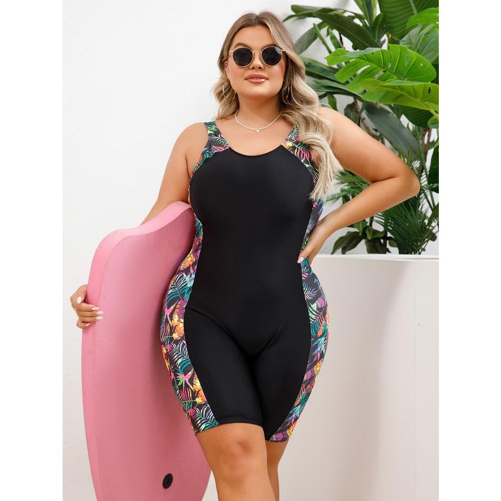 European and American One-piece Plus-size Swimsuit Sports and Knee-cover Slim-fit Sports Flat-angle Swimsuit
