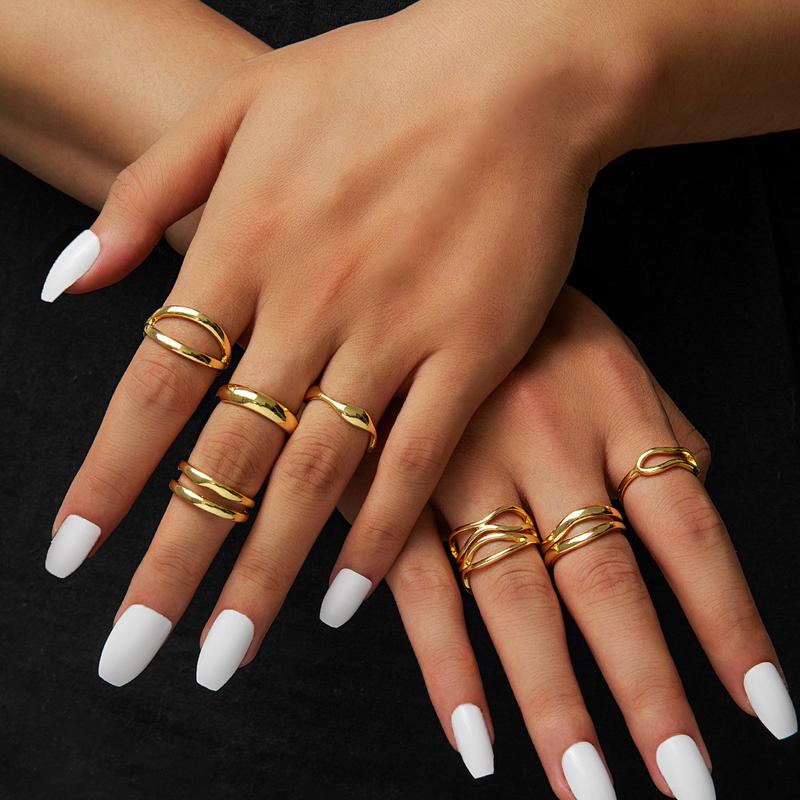 6Pcs/Set 2026 New Brown Stone Widened Opening Rings Set for Women Simple Twisted Lines Personality Finger Rings Party Jewelry
