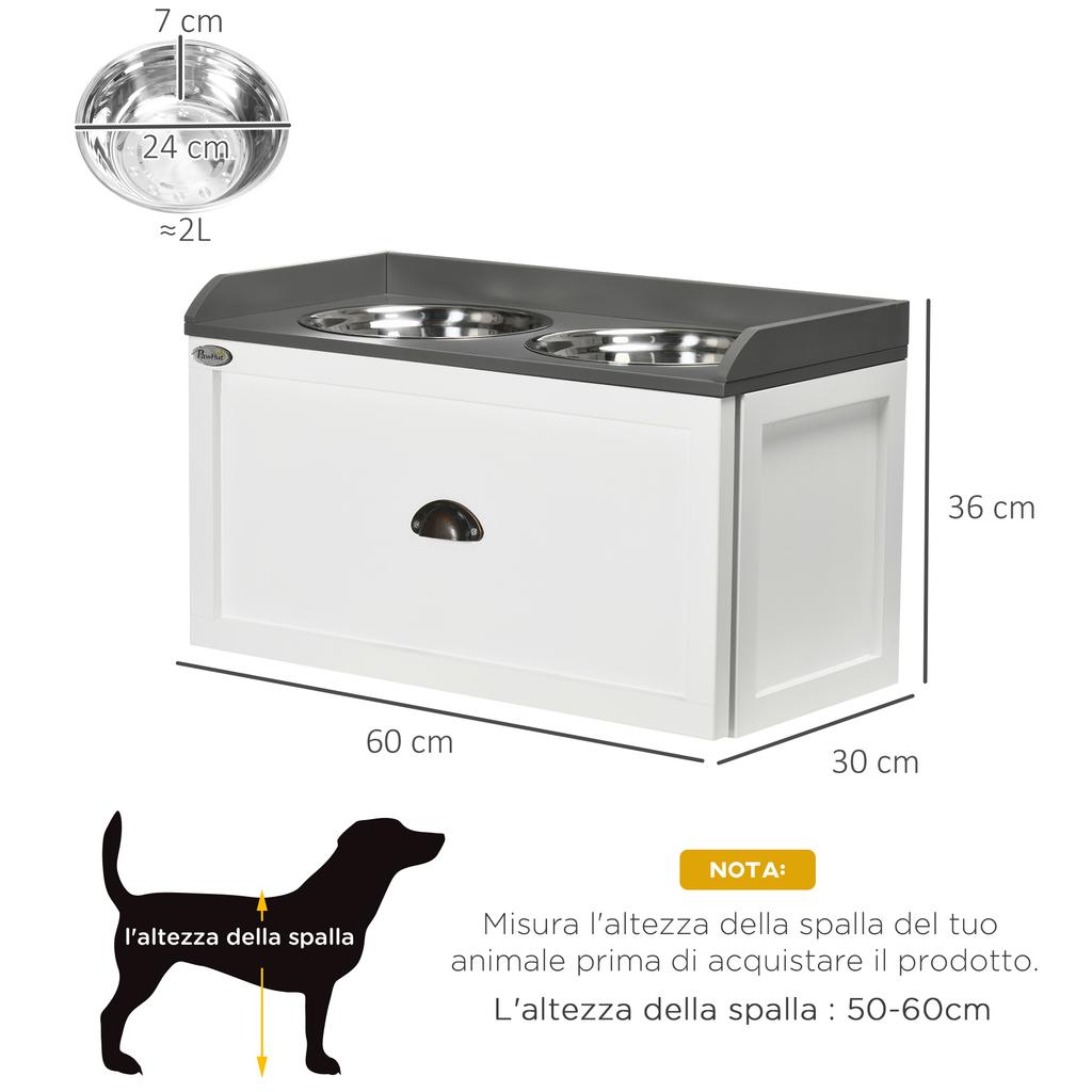 Raised Stainless Steel and Wood Dog Bowls with Drawer, 60x30x36cm, White and Grey