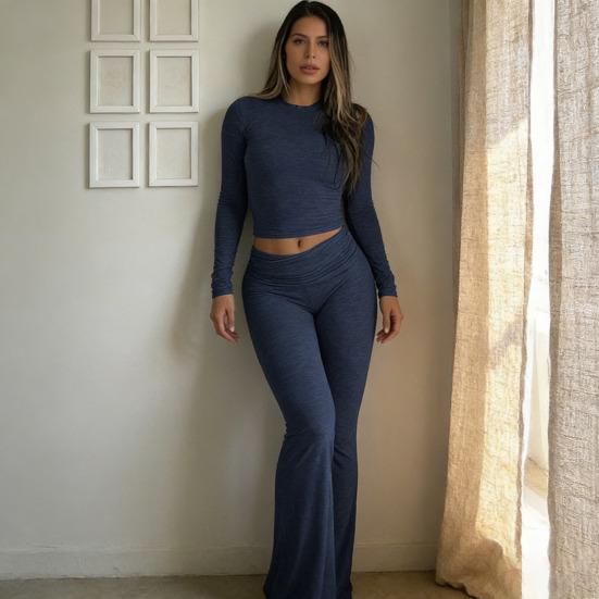 Women's 2 Piece Outfits Long Sleeve Crew Neck Crop Top Ruched Low Waist Flared Pants Set Fall Casual Lounge Set