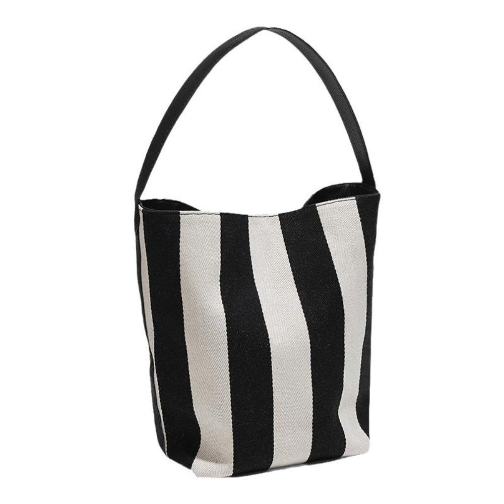 

Pattern Stripe Canvas Handbag Drawstring Wide Straps Bucket Bag Black White Stripe Bag Girls чёрный/белый