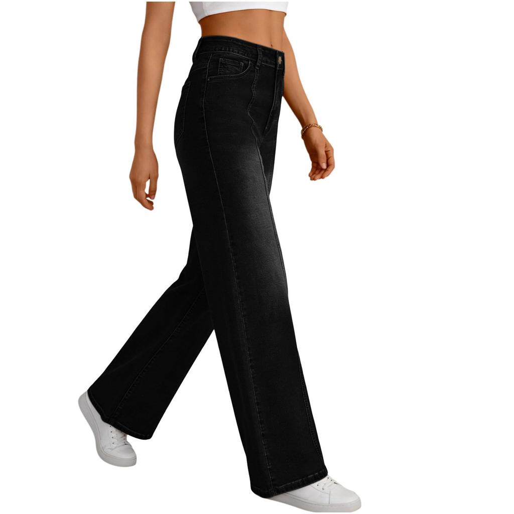 Damen Jeans mit weitem Bein Leichte gerade geschnittene lockere Jeans mit Kordelzug Denim Hose