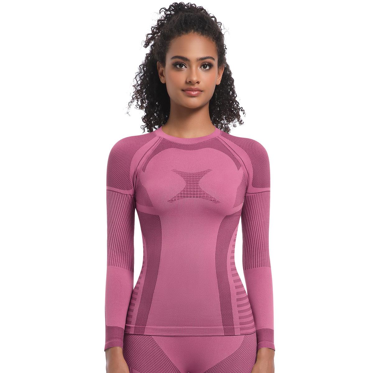 

New Seamless Knitted Long Fitting High Elasticity Ski Suit Long Sleeved Sports Running Fitness Yoga Suit Top S вина червоного кольору