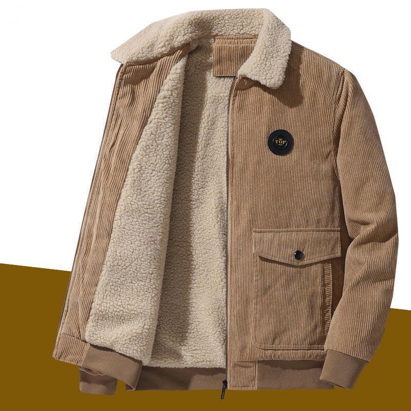 Men’s Corduroy Jacket: Thickened Velvet Cotton Coat for Middle-Aged, Loose Casual Multi-Pocket Workwear for Spring, Autumn, and Winter