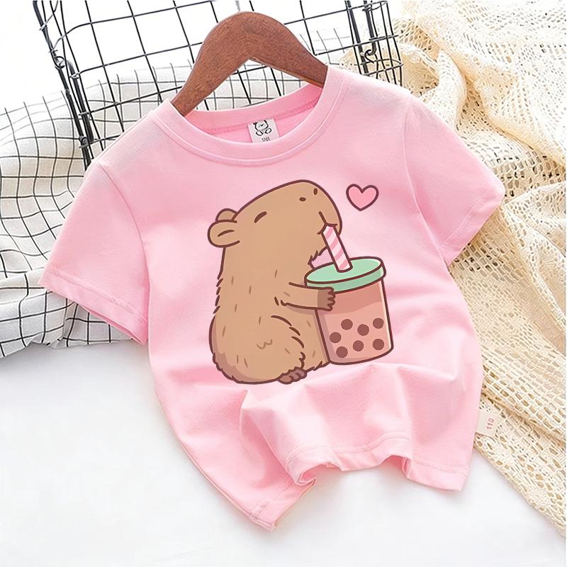 Kids Girl Cute Polyester T-shirt Summer Clothing Cartoon Capybara Printed Tee Children Short Sleeve Tops T Shirt Clothes Gift 2026