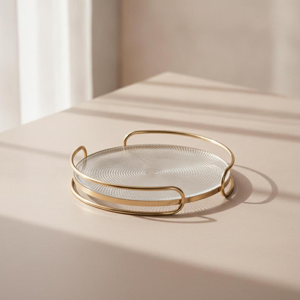 Glass Tray with Metal Frame Tone Round Handles Decorative for Home Stylists, Hosts, Coffee