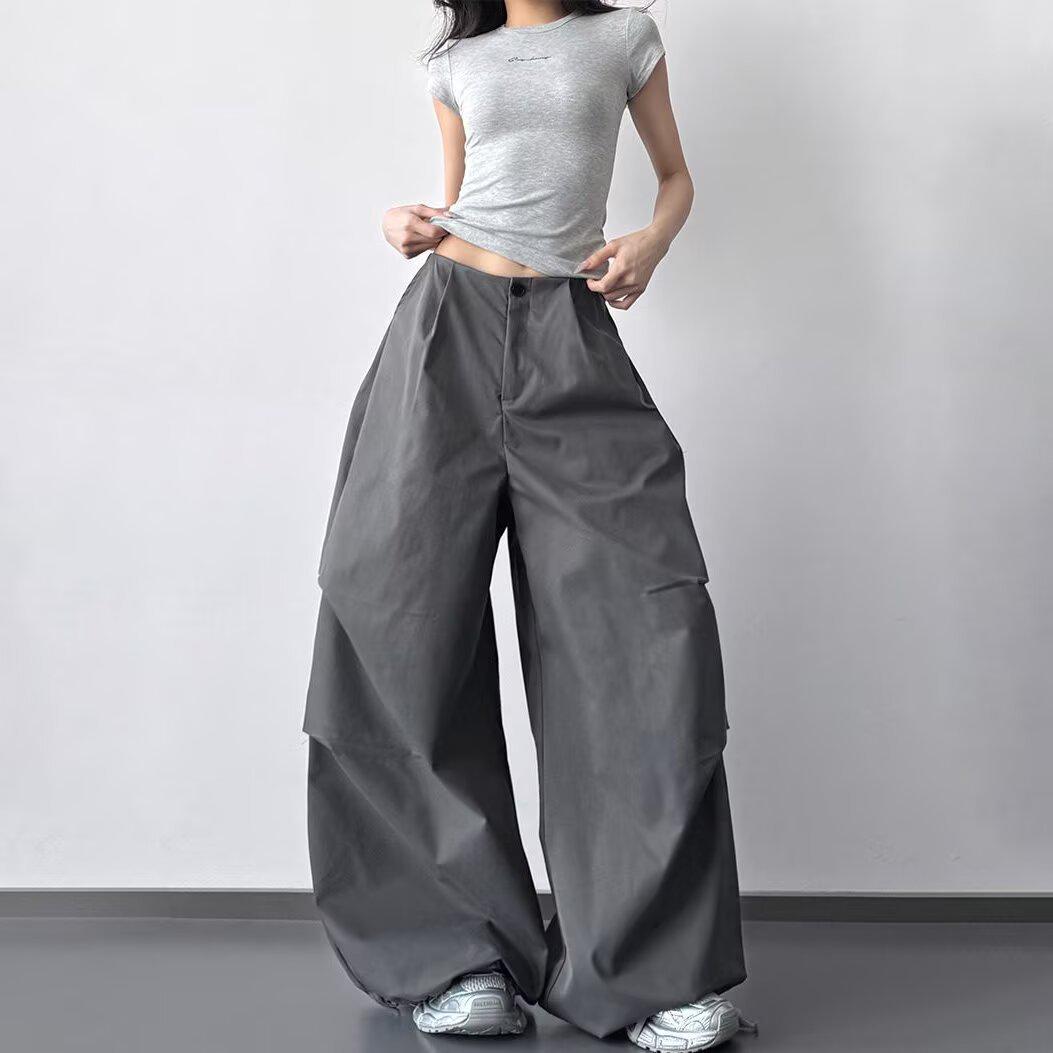 2026 Spring Women s Gray High-Waisted Wide-Leg Parachute Pants - Loose, Slimming, Casual, Straight Leg L