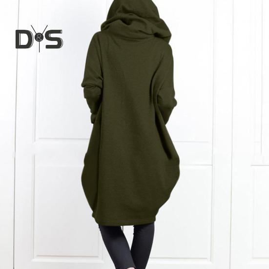 Sweat-shirt à capuche à manches longues pour femme, manteau à fermeture éclair, grandes poches, faux deux pièces, couleur unie, veste à capuche mi-longue