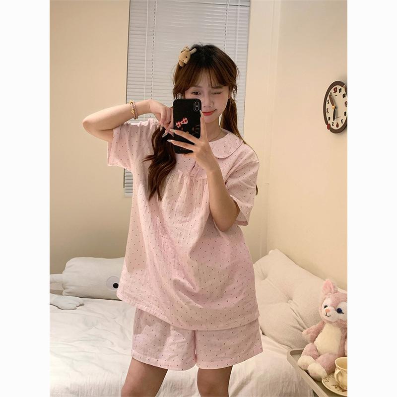 

Japanese doll collar polka dot pink girl pajamas summer short-sleeved shorts set can be worn outside loungewear two-piece set XXL