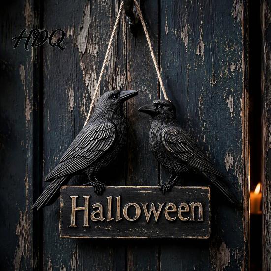 Creative Halloween Gifts Crow Welcome Sign for Front Door, Gothic Black Raven Wooden Wall Hanging Indoor Outdoor Door Hanger Plaque, 2D Flat
