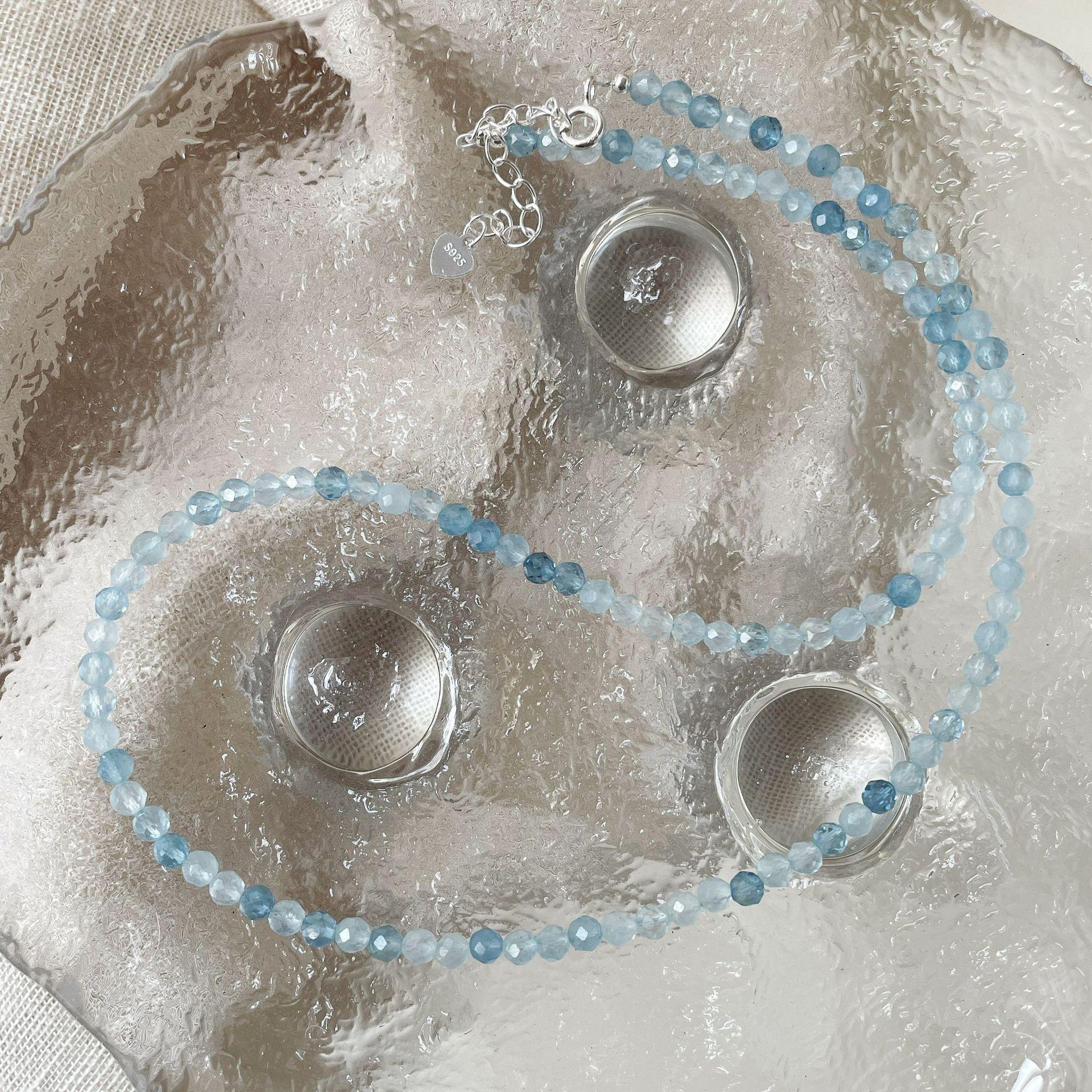 

Sweet ins style S925 natural aquamarine necklace women s blue handmade beaded clavicle chain 925 sterling silver