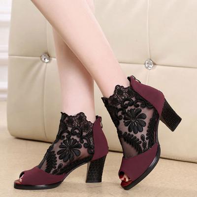 Mesh Patent Leather Spring Roman Style Fish Mouth Thick Heel Lace Women's High Heels