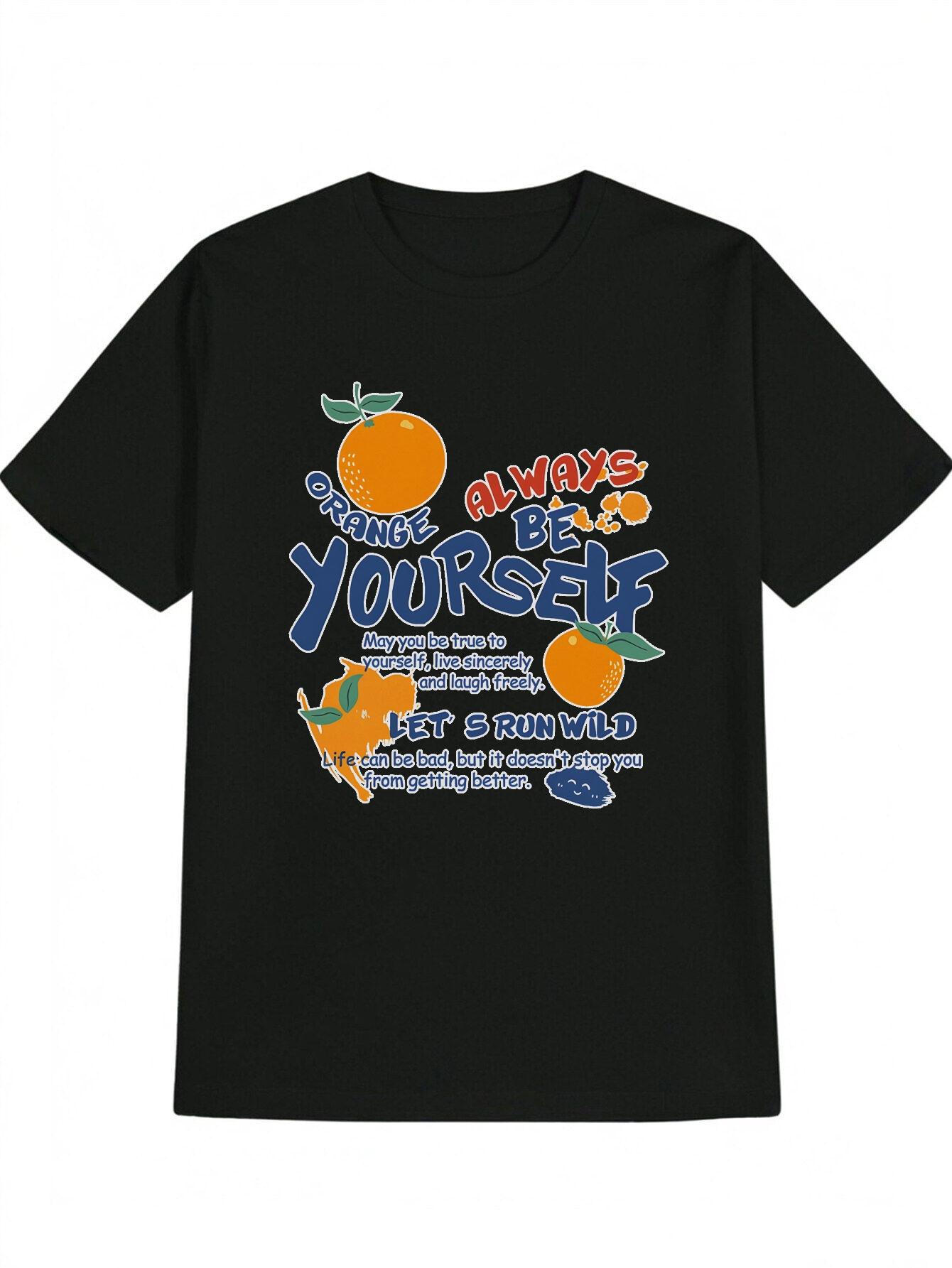 

Casual Short Sleeve T-shirt with Motivational Orange Slice & Leaf Print L