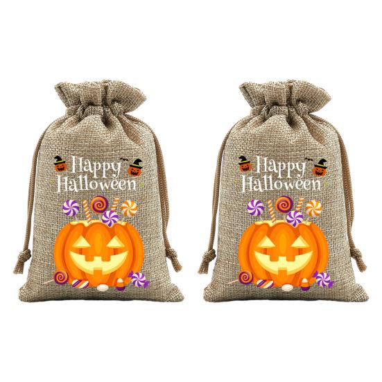 Handmade Style Party Bags 2Pcs Halloween Pumpkin Drawstring for Candy Treats, Retro Burlap Festival Totes Trick or Treat Bags, Portable Goodie