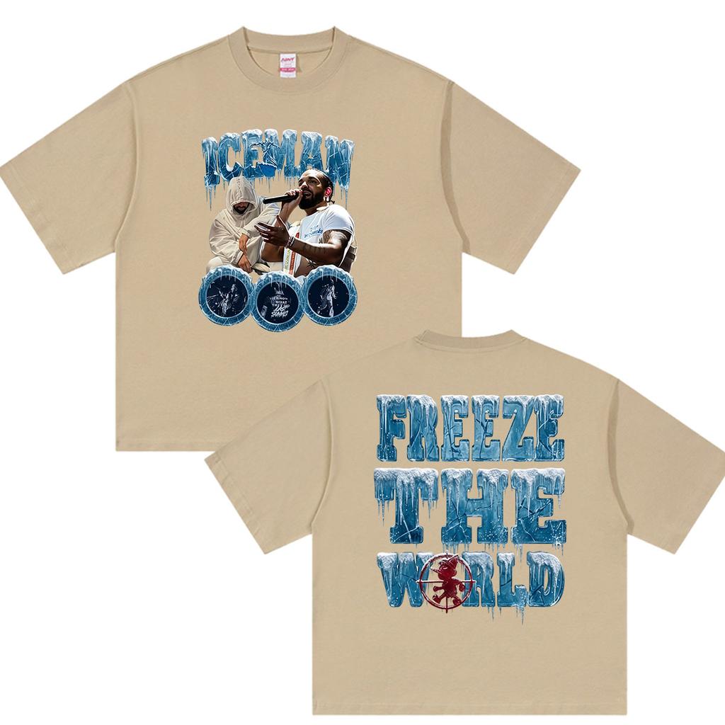 Rapper Drake Iceman Freeze The World Tour Graphic T-Shirt Men's Pop Fashion Cotton Y2K Short Sleeve Tee Streetwear
