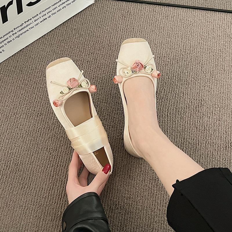 Modă Lux Dantelă Legătură Picior Satin Mătase Balerini Femei Vârf Pătrat Fundiță Bandă Elastică Balerini Doamnelor Nuntă Pantofi Florali Mocasini