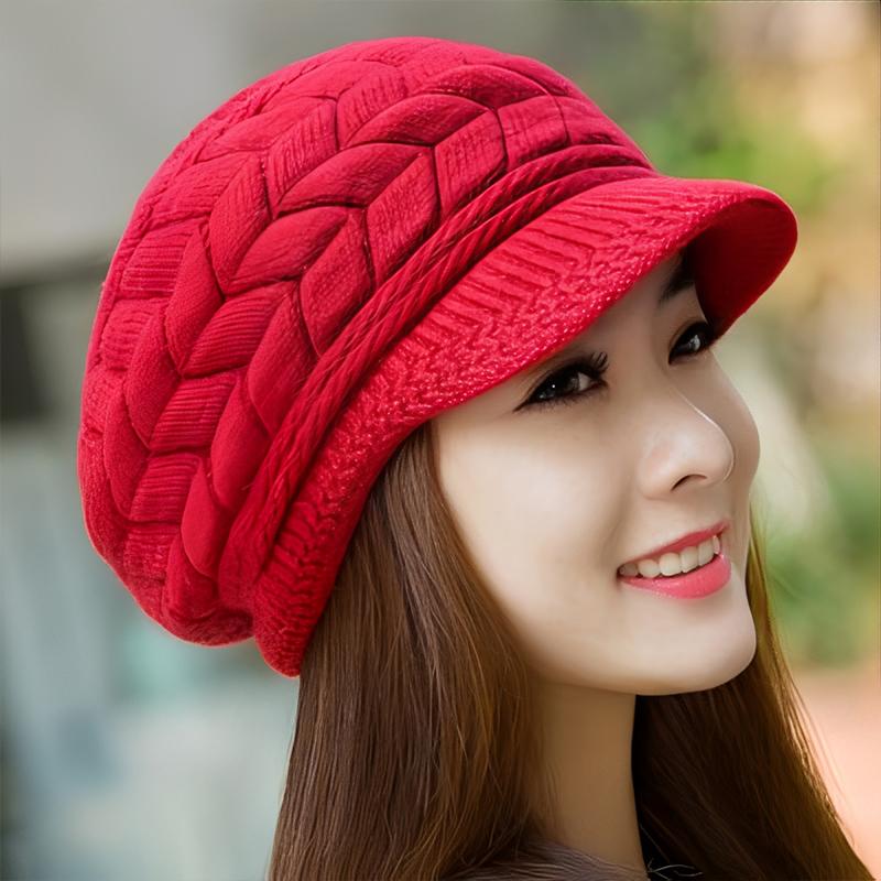 Women'S Autumn/Winter Knitted Hat With Fleece Lining Stylish And Versatile Beret Outdoor Warm Hat