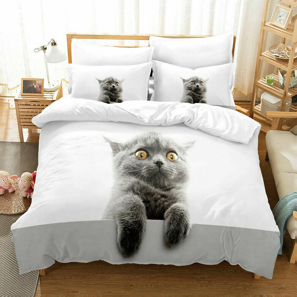 Cat Soft Duvet Cover Set Young Girls Young Boys Lovely Blue Cat 3D Print Beding Set Bold Blue Animal Double Quen King-Sized Dimensionsd Dimensions