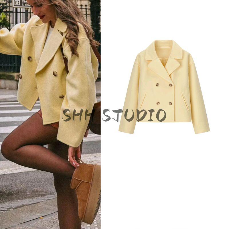 Autumn New Arrival Women clothes Retro Loose Casual Double Breasted Short Lapel Suit Top Woolen Jacket