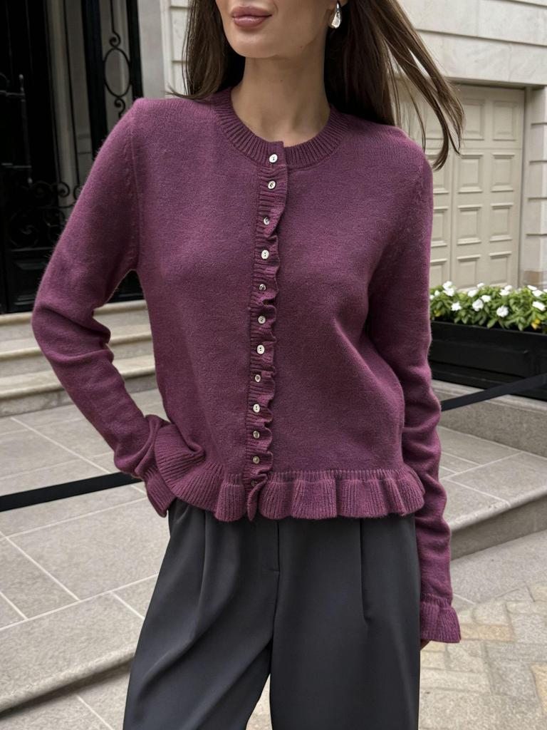 Autumn/Winter Single-Breasted Ruffle Knit Cardigan - European/American Solid Color Sweater