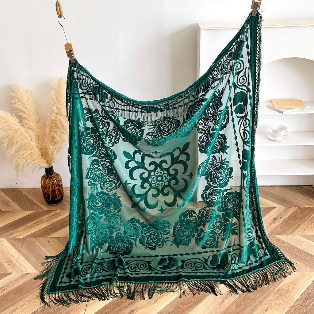 Elegancki kwadratowy szal z aksamitu w stylu etnicznym żakardowy ciepły szal wszechstronny top retro szal z frędzlami