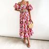 Damen Sommerkleid, Langes Kleid, Blumendruck, Puffärmel, elastisch, lockeres Sommerkleid bis zur Mitte der Wade