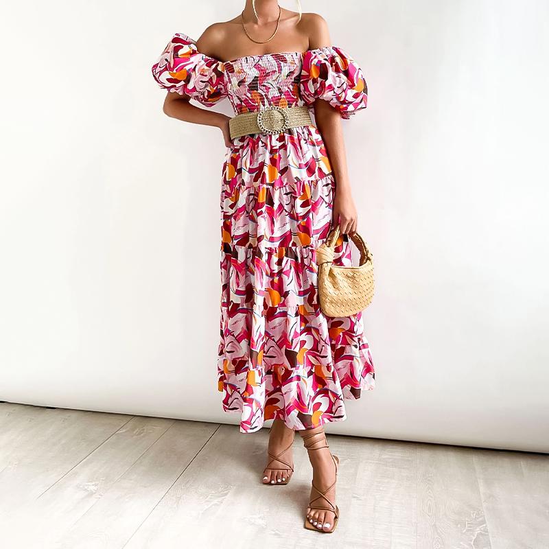 Damen Sommerkleid, Langes Kleid, Blumendruck, Puffärmel, elastisch, lockeres Sommerkleid bis zur Mitte der Wade