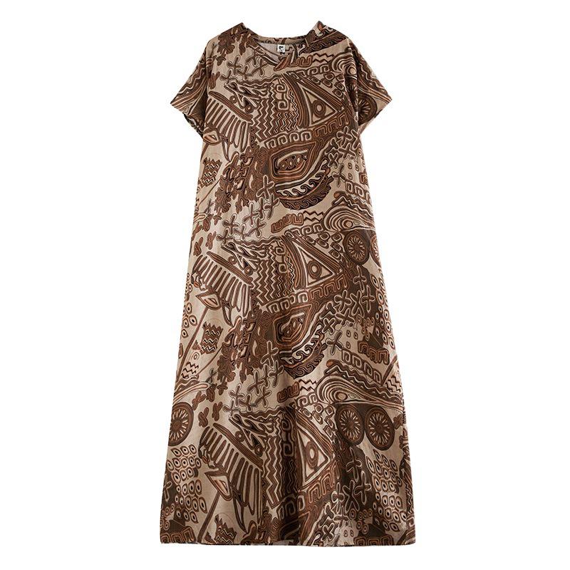 2024 Summer Plus Size V-Neck Cotton Linen Mid-Length Dress - Women's Wide H-Shape Pullover
