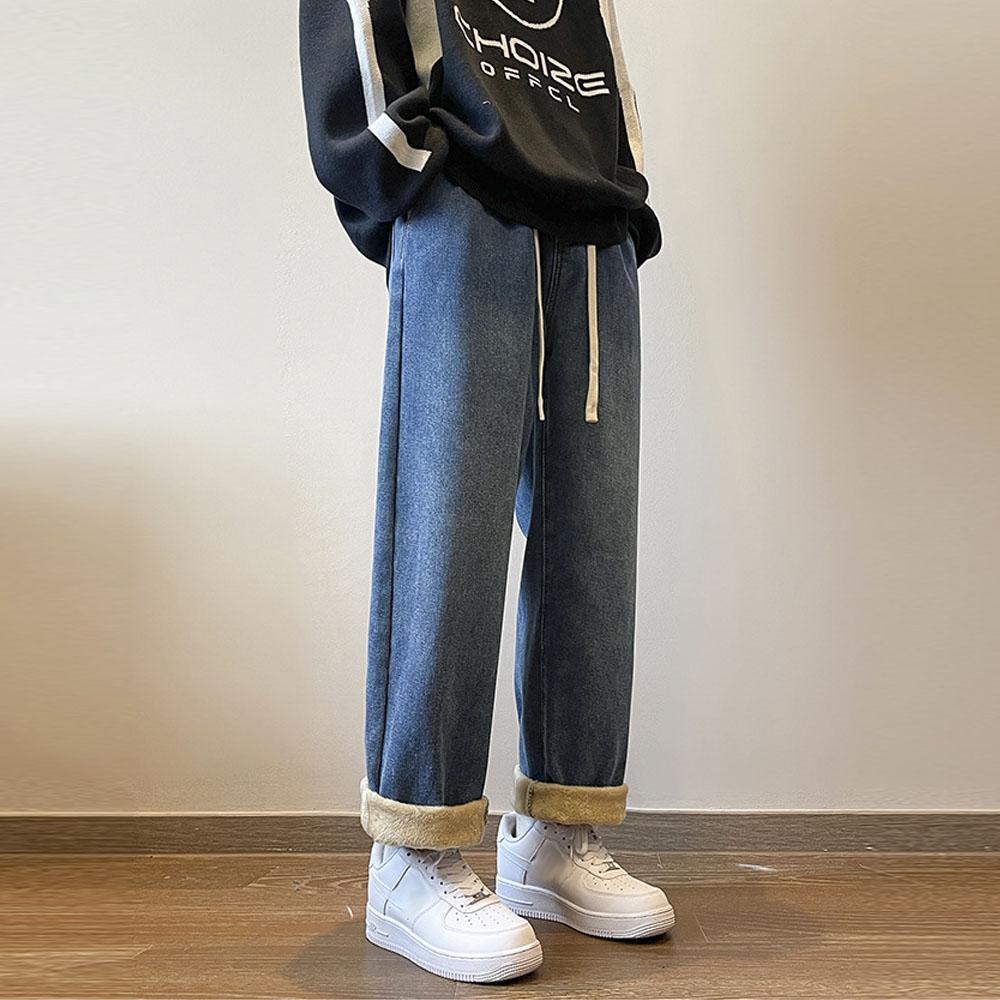 Plus Velvet Pánské zimní Y2K tlusté džíny džínové kalhoty se stahovací šňůrkou Vintage džíny pro muže streetwear Harajuku korejské zimní oblečení