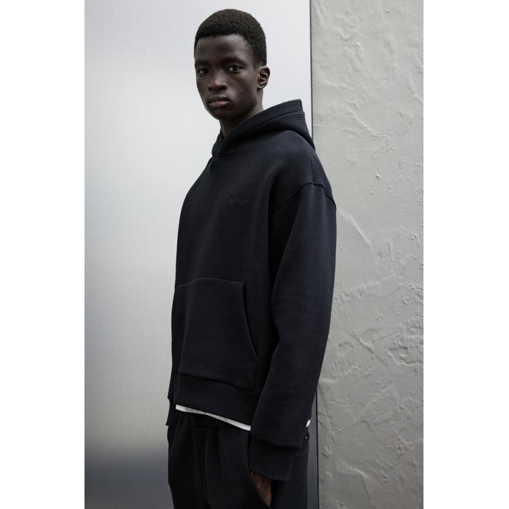 H M Ribbed Hoodie Loose Fit Black