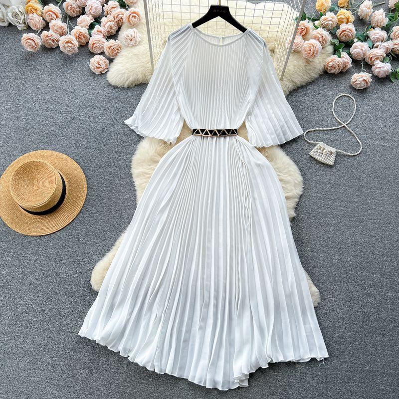 

French Style Print Dress Summer Pleated round Neck Short Sleeve Pattern 12 All yards