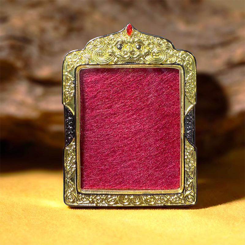 Golden Thangka Gau Box Pendant Necklace - Retro Tibetan Style, Double-Sided Glass, Rhinestone Inlaid Ornament
