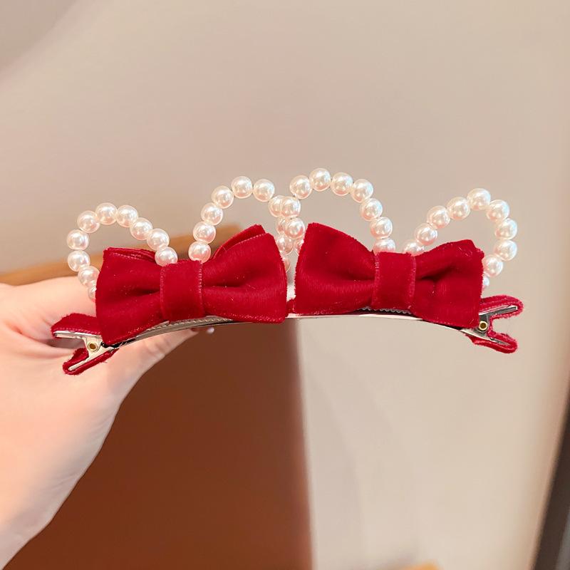 

2025 New Year Red Kids Hair Clips - Cute Rabbit Ear & Bow Design, Festive Hair Accessories for Girls, Gentle on Hair, Perfect