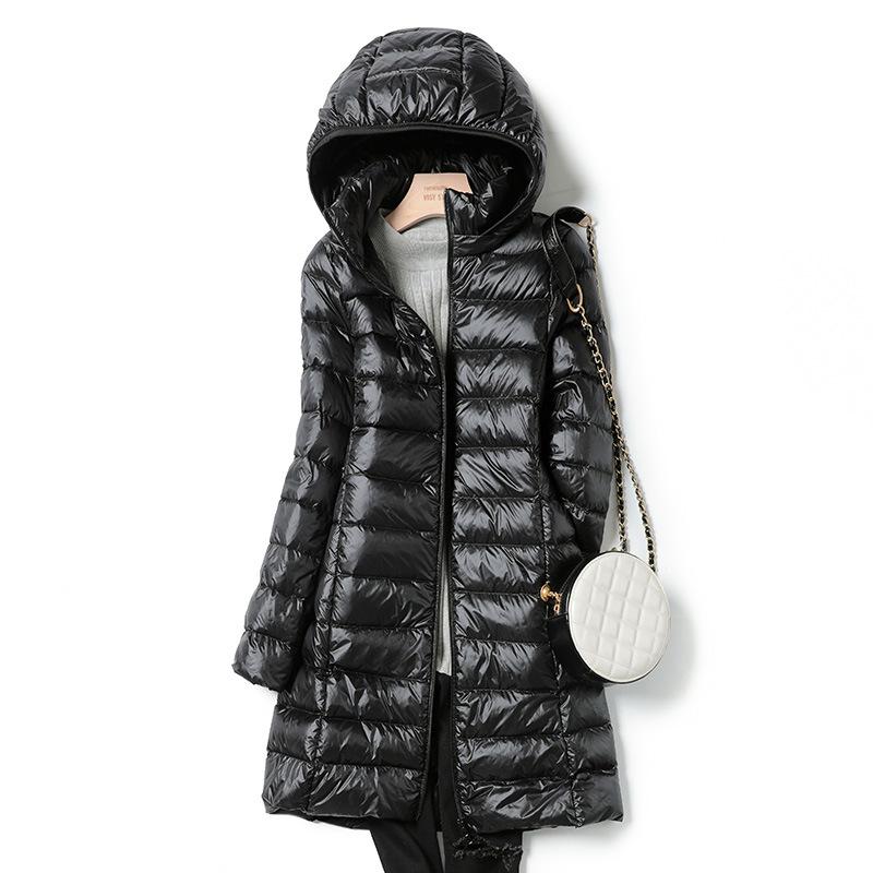 Women's Mid-Length Lightweight Down Jacket - 2026 Autumn/Winter Slim Fit, Plus Size with Detachable Hood