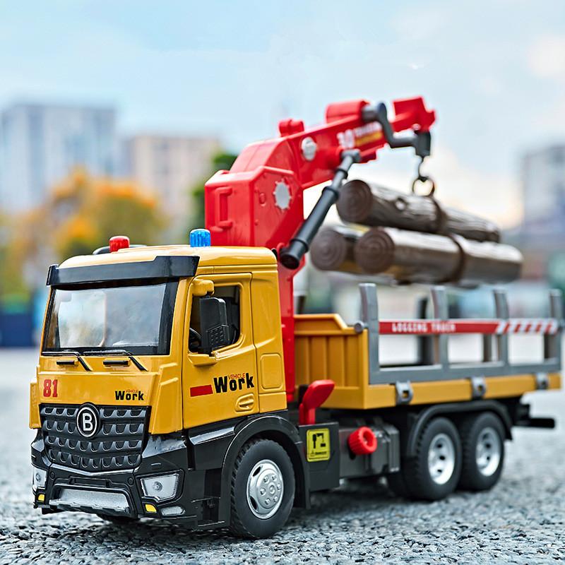 1/24 Scale Wooden Toy Truck Metal Cab, Friction Driven Wooden Truck, Equipped with A Full Function Loading Crane and 3 Loadable Logs, Light and Sound,