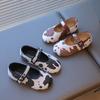 Girls Ankle Strap Plush Leather Shoes New Autumn Toddler Ballet Flats with Cow Print Non-slip Retro Kids School Party Flats