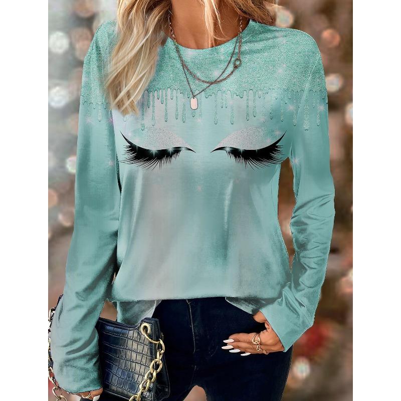 

Женская абстрактная футболка с рисунком в виде глаз/губ, с длинным рукавом, повседневная, выходного дня, модная, с круглым вырезом, обычная XL