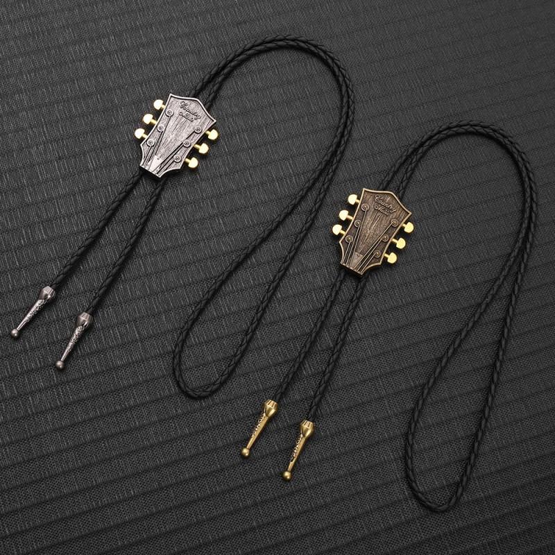 Handmade Retro Guitar Head Bolo Tie Necklace Men Women Western Cowboy Style Leather Chain Pendant Jewelry