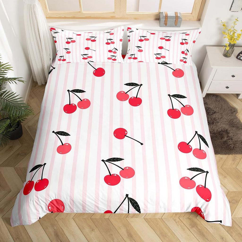 Red Cherry Printed Bedding Set Cartoon Tropical Fruit Duvet Set Three-Piece Set