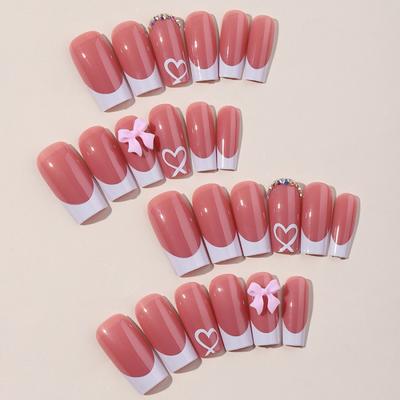 24 Pièces Ongles Press-on Rose avec Nœud Design Perle Ongles Acryliques Ballerine Couverture Complète Pointes d'Ongles Faux Français pour Femmes