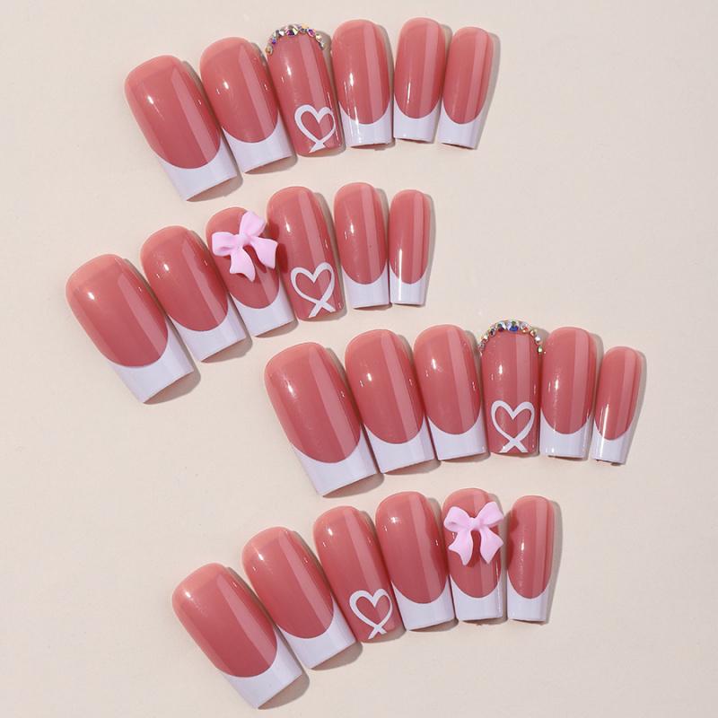 24Pcs Pink Bow Press On Nails Pearl Design Acrylic Nails Ballerina Full Cover French False Nail Tips for Women