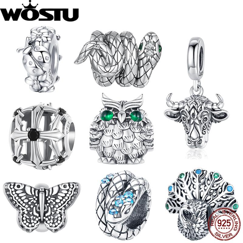 WOSTU 925 Silver Retro Coiled Snake Workship Charm Hollow Cross Butterfly Silicone Bead Fit Bracelet DIY Gift