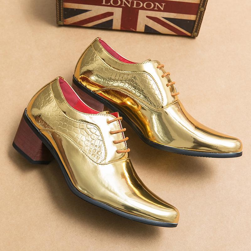Men's Gold Pointed High Heel Leather Boots – Large Size, Retro Fashion, Business Casual, Spring/Autumn Outdoor Wear.