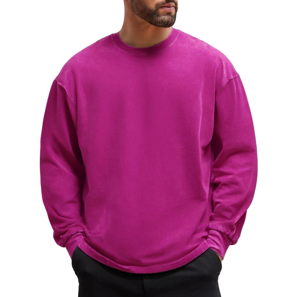 Men's And Women's Casual High-weight Washed Distressed Long-sleeved Men's Off-the-shoulder Retro Loose Round-neck All-cotton Top