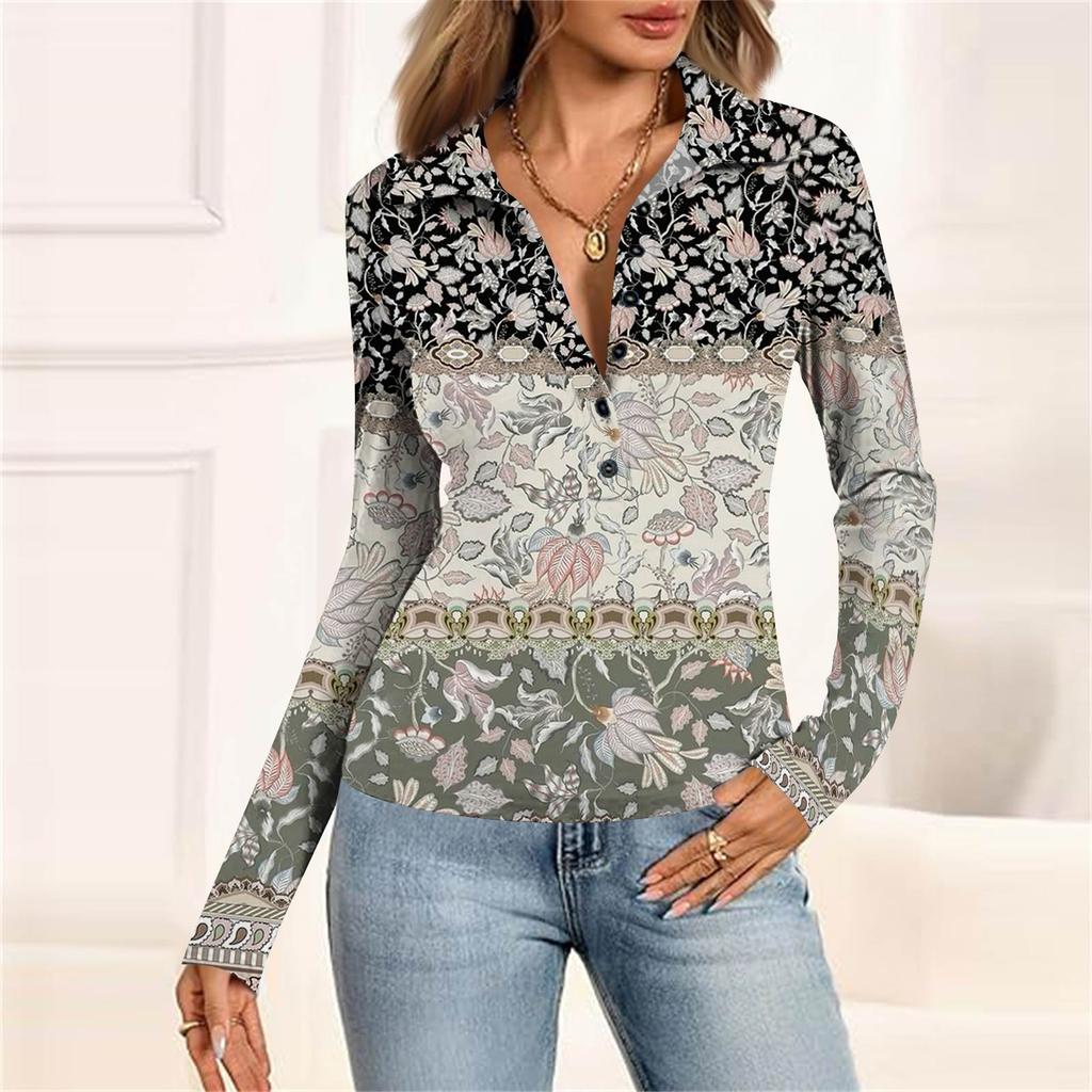 Women's Fashion Casual Printed V-Neck Long Sleeve Button-Down Top