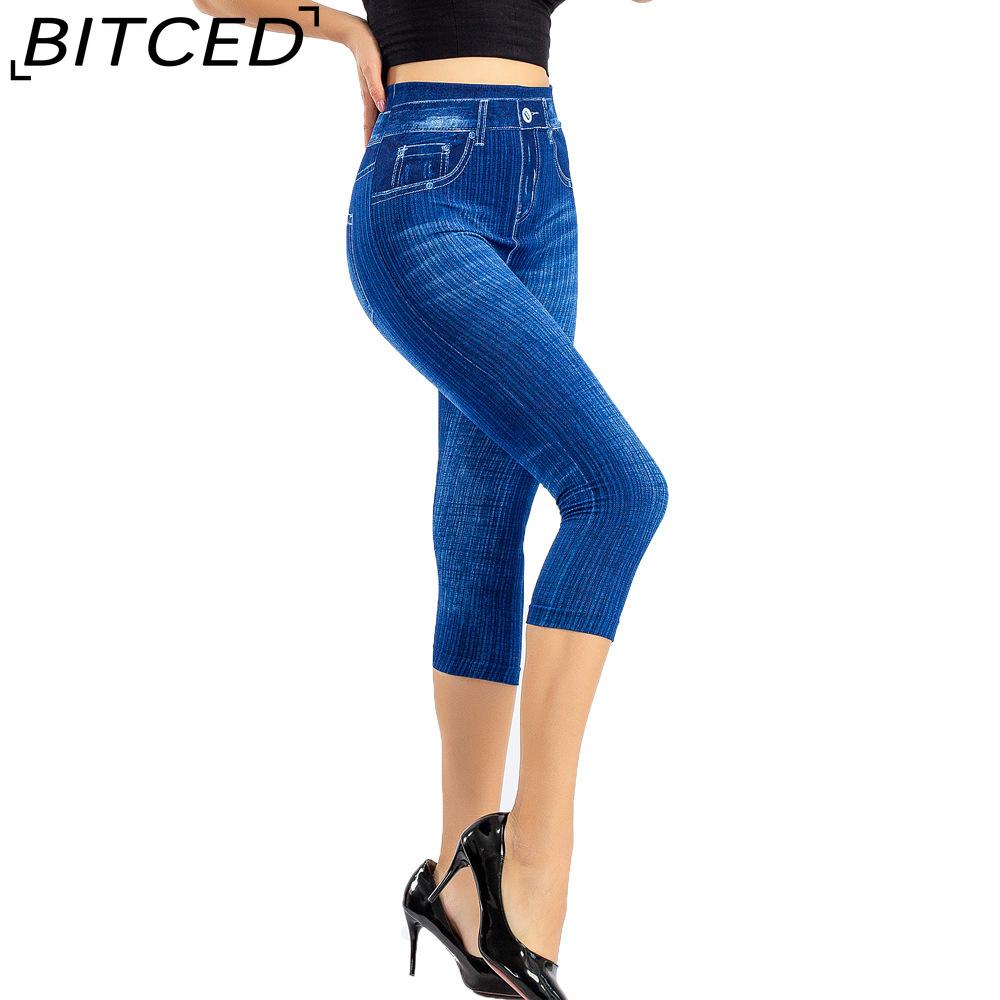BITCED Women Denim Print Leggings Fashion Slim Leggings Faux Jeans Leggings Short Print Leggings Pants