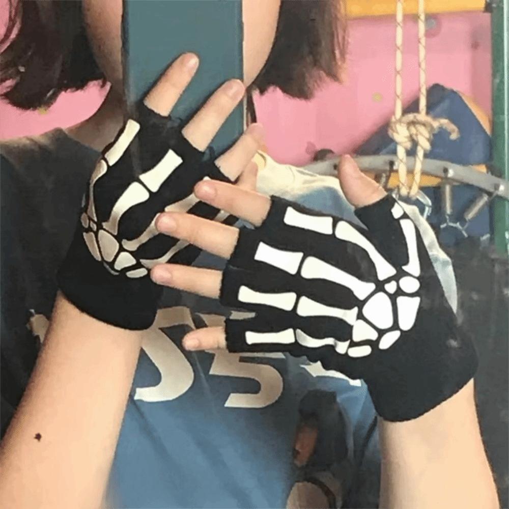 Stretch Punk Skeleton Gloves Black Skull Half Finger Gloves  Halloween Party