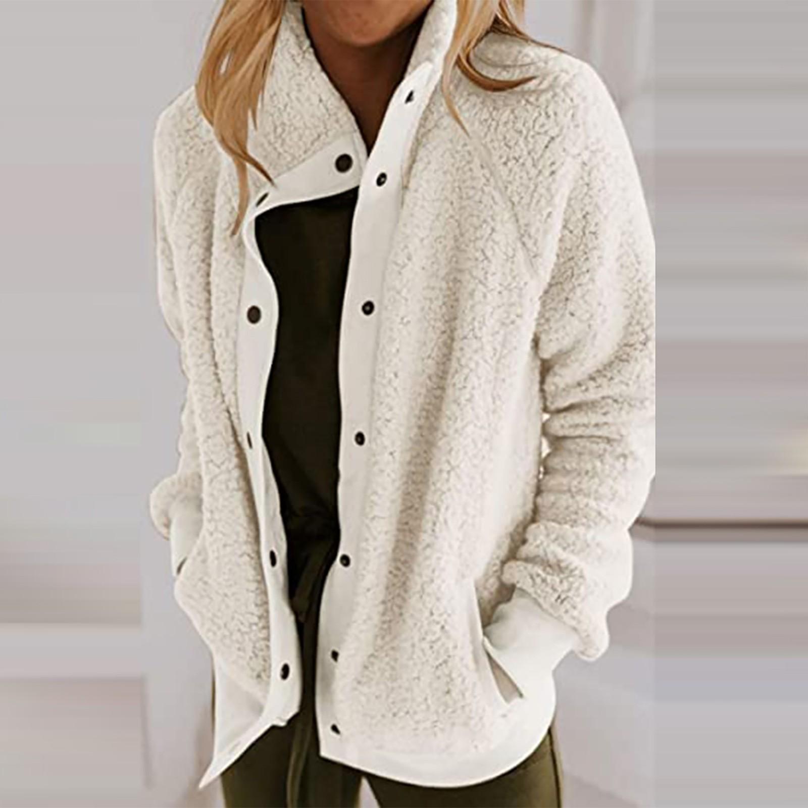 

Женская повседневная куртка с длинным рукавом и карманом на пуговицах из однотонного плюша L белый