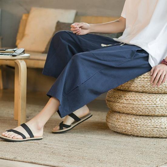 Men Summer Pants Drawstring Elastic Waist Solid Color Mid-calf Length Pockets Daily Wear Wide Leg Plus Size Men Summer Trousers Men Clothes