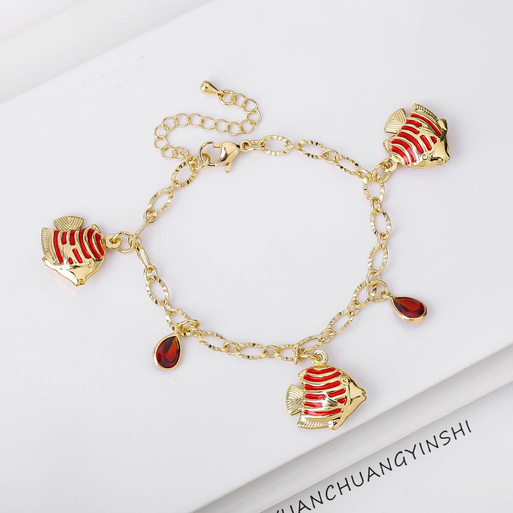 8-Color Gold-Plated Fish Pendant Crystal Bracelet Charming for Women Girls Party Trending Wrist Jewelry Birthday Vacation Gift